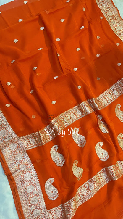 Scarlet Banarasi Pure Khaddi Georgette Kadwa Saree