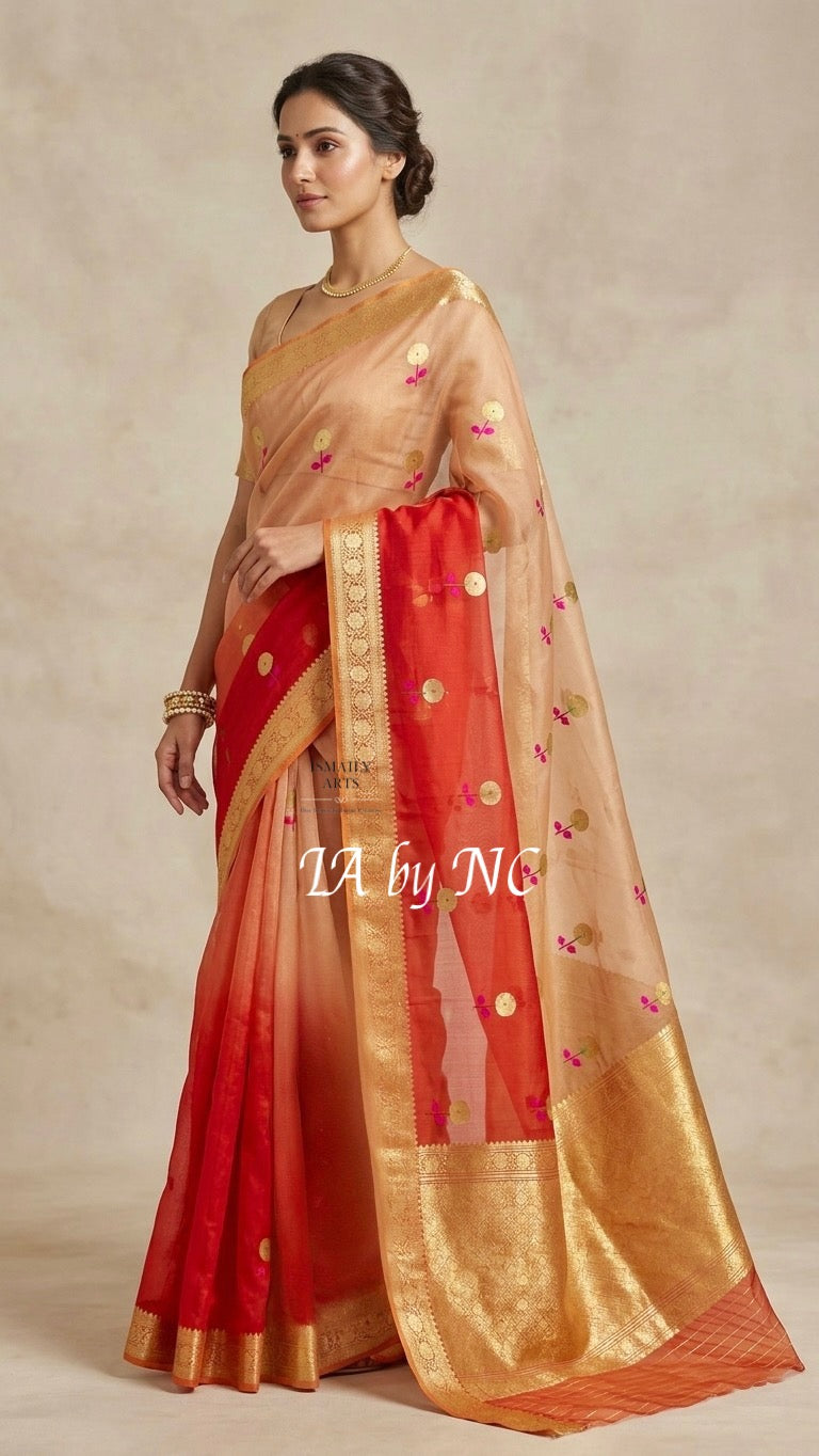 Tangerine Banarasi Pure Kora Organza Kadwa Saree
