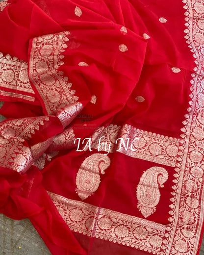 Crimson Banarasi Pure Khaddi Georgette Kadwa Saree