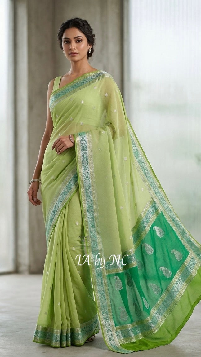 Moss Banarasi Pure Khaddi Georgette Kadwa Saree