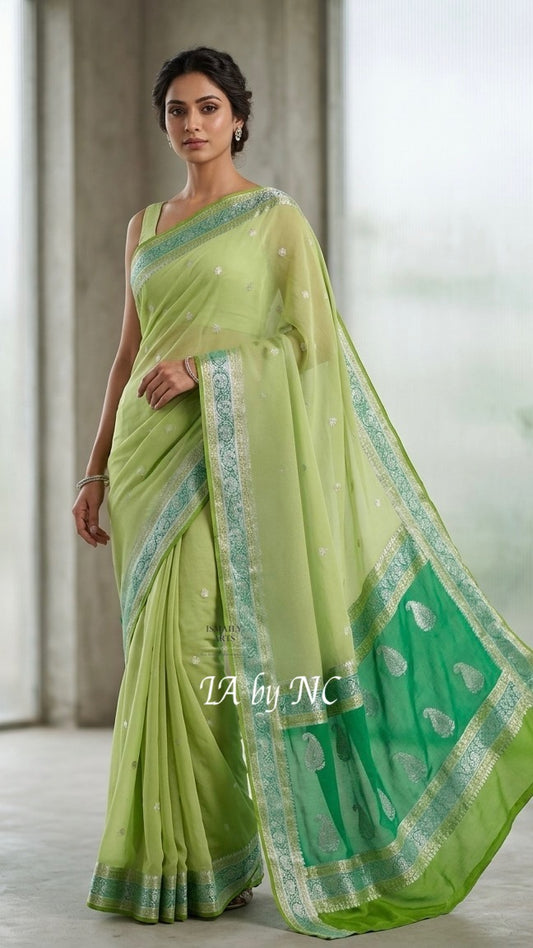 Moss Banarasi Pure Khaddi Georgette Kadwa Saree