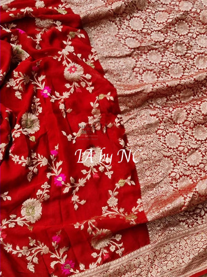 Crimson Banarasi Pure Khaddi Georgette Meenakari Saree