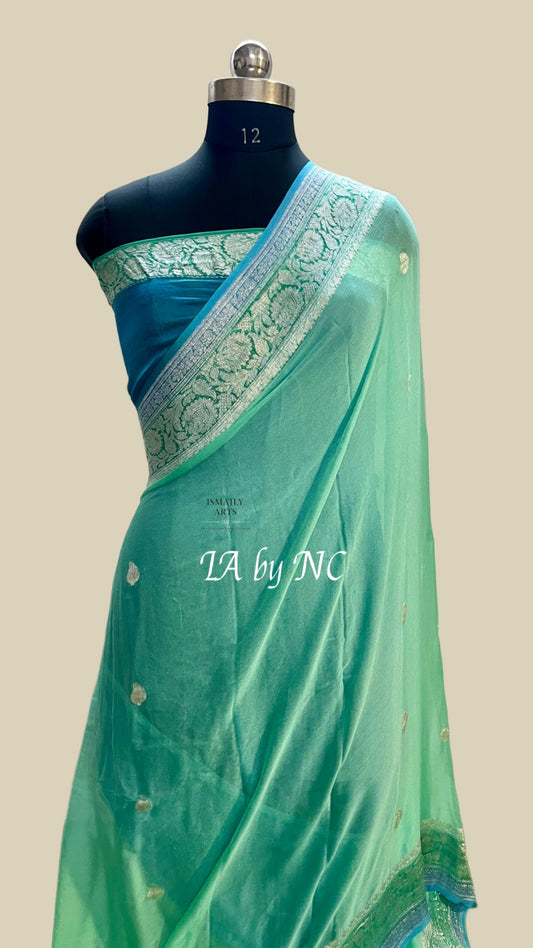 Turquoise Banarasi Pure Khaddi Georgette Kadwa Saree