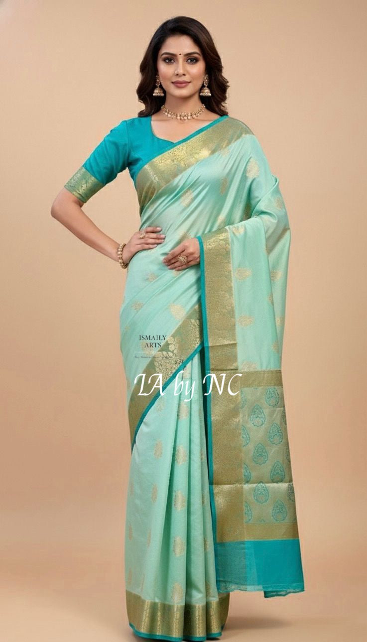 Turquoise Banarasi Pure Katan Silk Raw Mango Saree