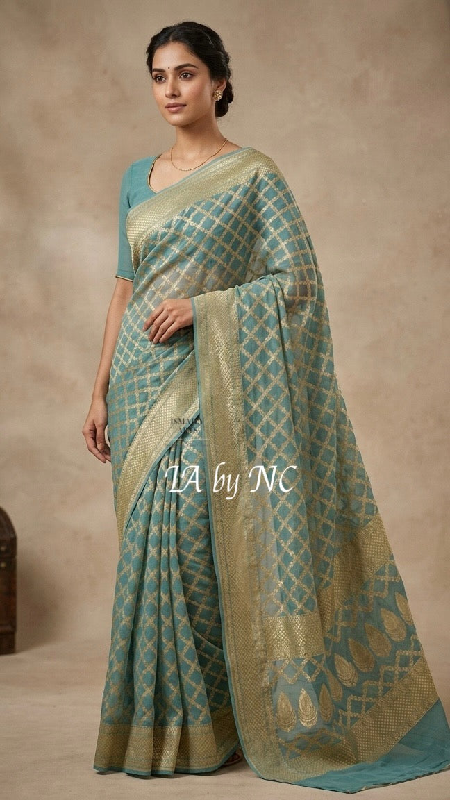 Turquoise Banarasi Pure Khaddi Georgette Saree