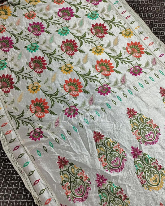 White Banarasi Pure Khaddi Tussar Georgette Brocade Saree