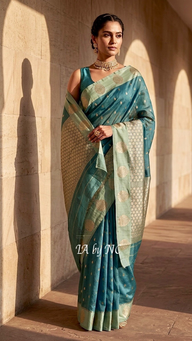 Turquoise Banarasi Pure Kora Silk Kadwa Saree