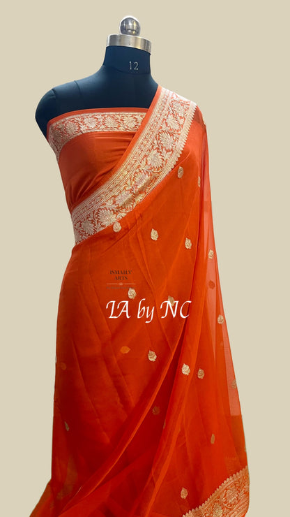 Scarlet Banarasi Pure Khaddi Georgette Kadwa Saree
