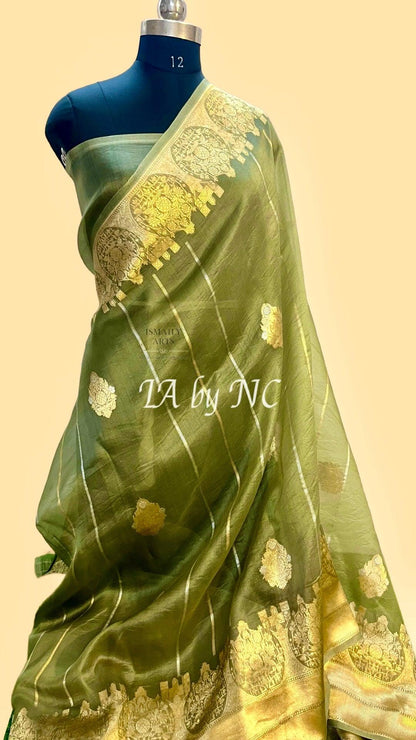 Olive Banarasi Pure Kora Organza Kadwa Saree