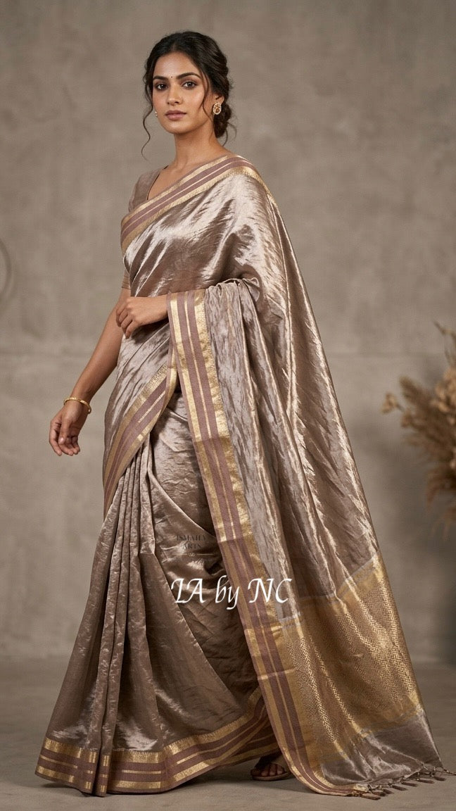 Caramel Banarasi Pure Tissue Silk Saree - Double Katan Border