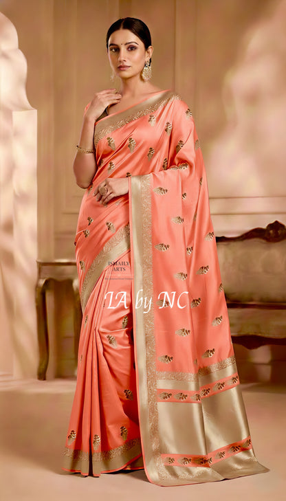 Salmon Banarasi Mashru Katan Silk Meenakari Saree