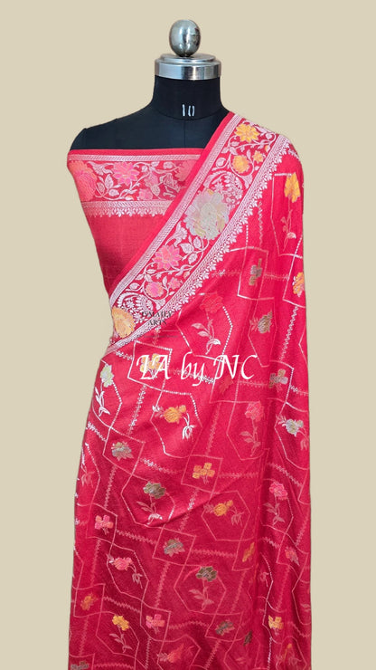 Strawberry Banarasi Pure Khaddi Tussar Georgette Meenakari Saree