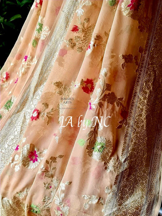 Peach Banarasi Pure Khaddi Georgette Meenakari Saree