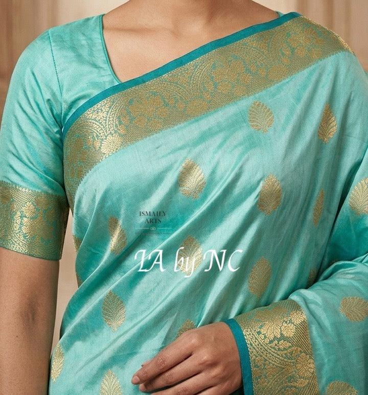 Turquoise Banarasi Pure Katan Silk Raw Mango Saree