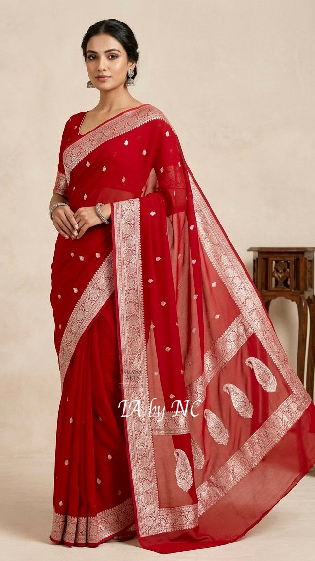Crimson Banarasi Pure Khaddi Georgette Kadwa Saree