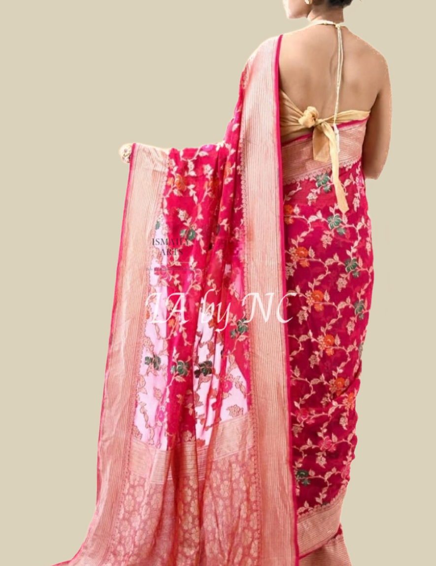 Raspberry Banarasi Pure Khaddi Georgette Saree