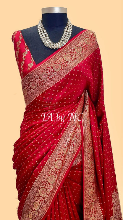 Carmine Banarasi Pure Khaddi Crepe Georgette Saree