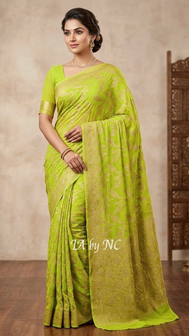 Avocado Banarasi Pure Khaddi Georgette Saree