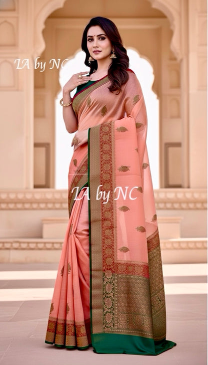 Salmon Banarasi Pure Kora Silk Kadwa Saree