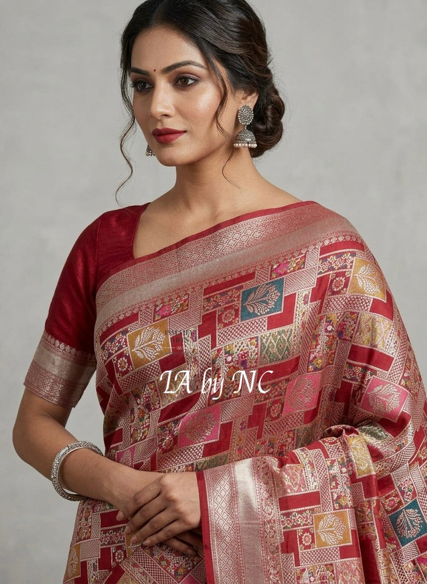 Carmine Banarasi Pure Khaddi Tussar Georgette Meenakari Saree