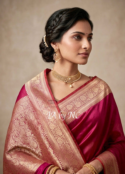 Cerise Banarasi Pure Tissue Silk Saree