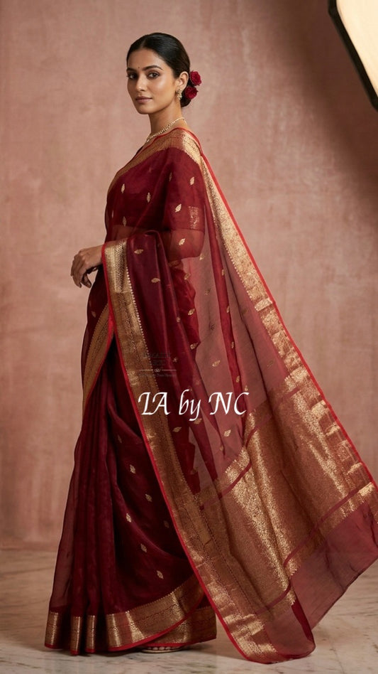 Carmine Banarasi Pure Kora Organza Kadwa Saree