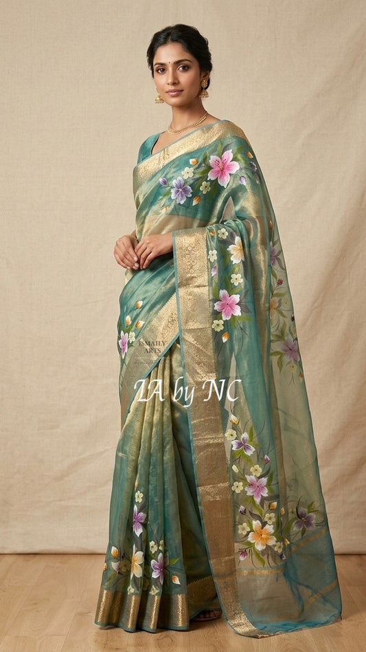 Turquoise Banarasi Pure Tissue Silk Saree
