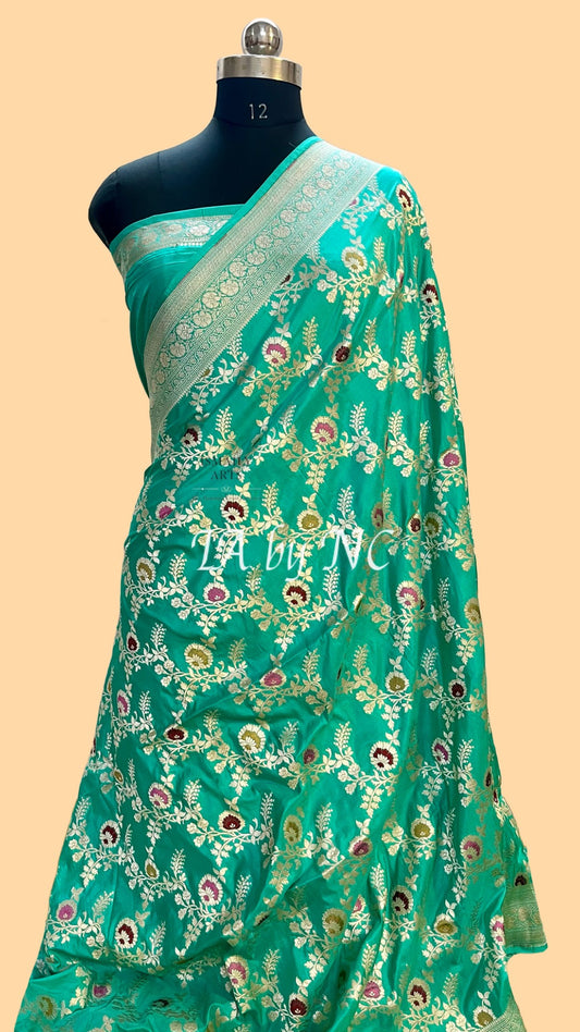 Turquoise Banarasi Pure Katan Silk Meenakari Pattu Saree