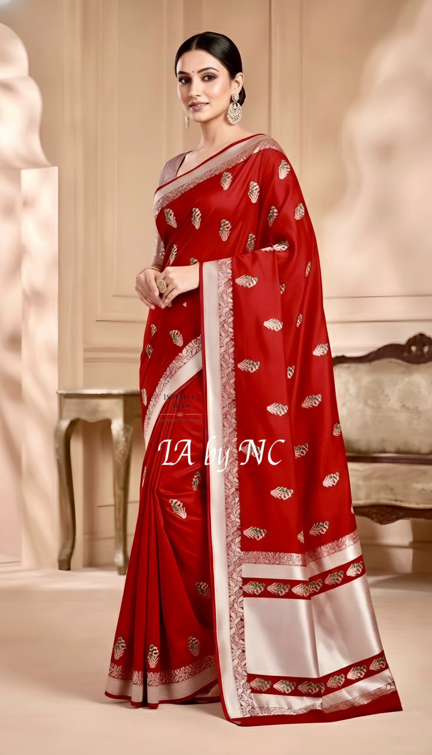 Crimson Banarasi Mashru Katan Silk Meenakari Saree