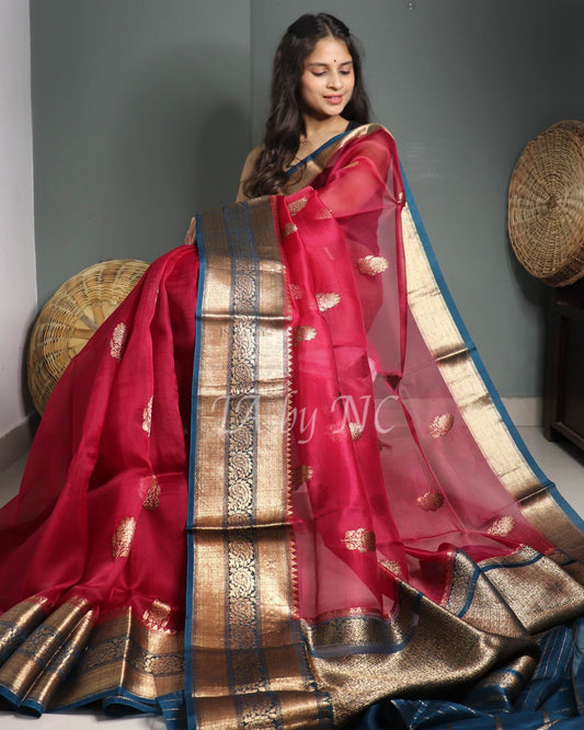 Carmine Banarasi Pure Kora Silk Kadwa Saree