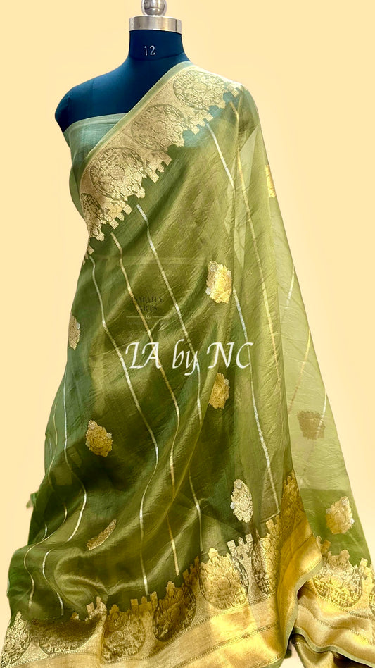 Olive Banarasi Pure Kora Organza Kadwa Saree