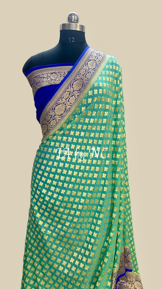 Turquoise Banarasi Pure Khaddi Georgette Saree