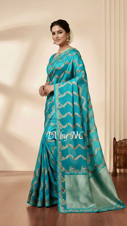 Turquoise Banarasi Mashru Katan Silk Meenakari Saree