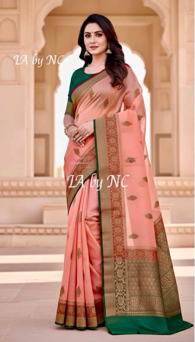 Salmon Banarasi Pure Kora Silk Kadwa Saree