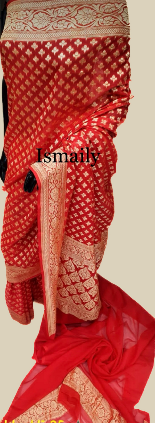 Scarlet Banarasi Pure Khaddi Georgette Saree
