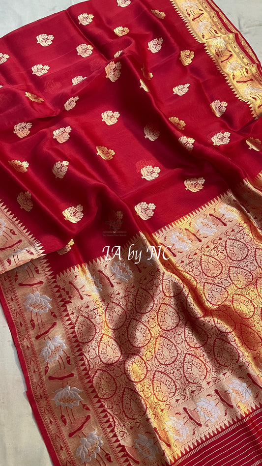 Carmine Banarasi Pure Kora Silk Kadwa Saree