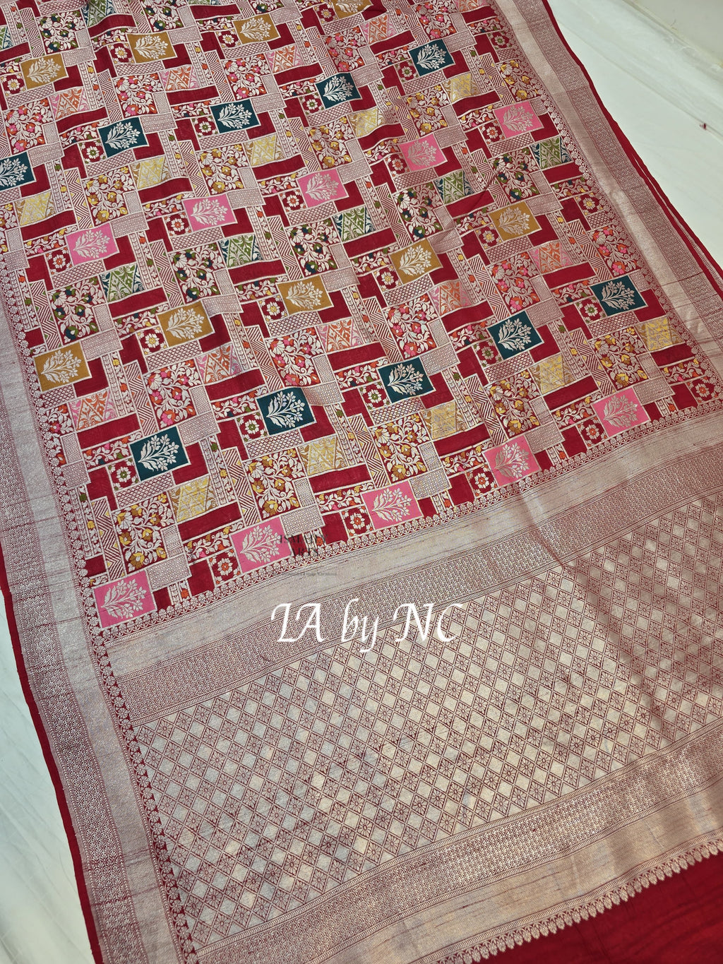 Carmine Banarasi Pure Khaddi Tussar Georgette Meenakari Saree
