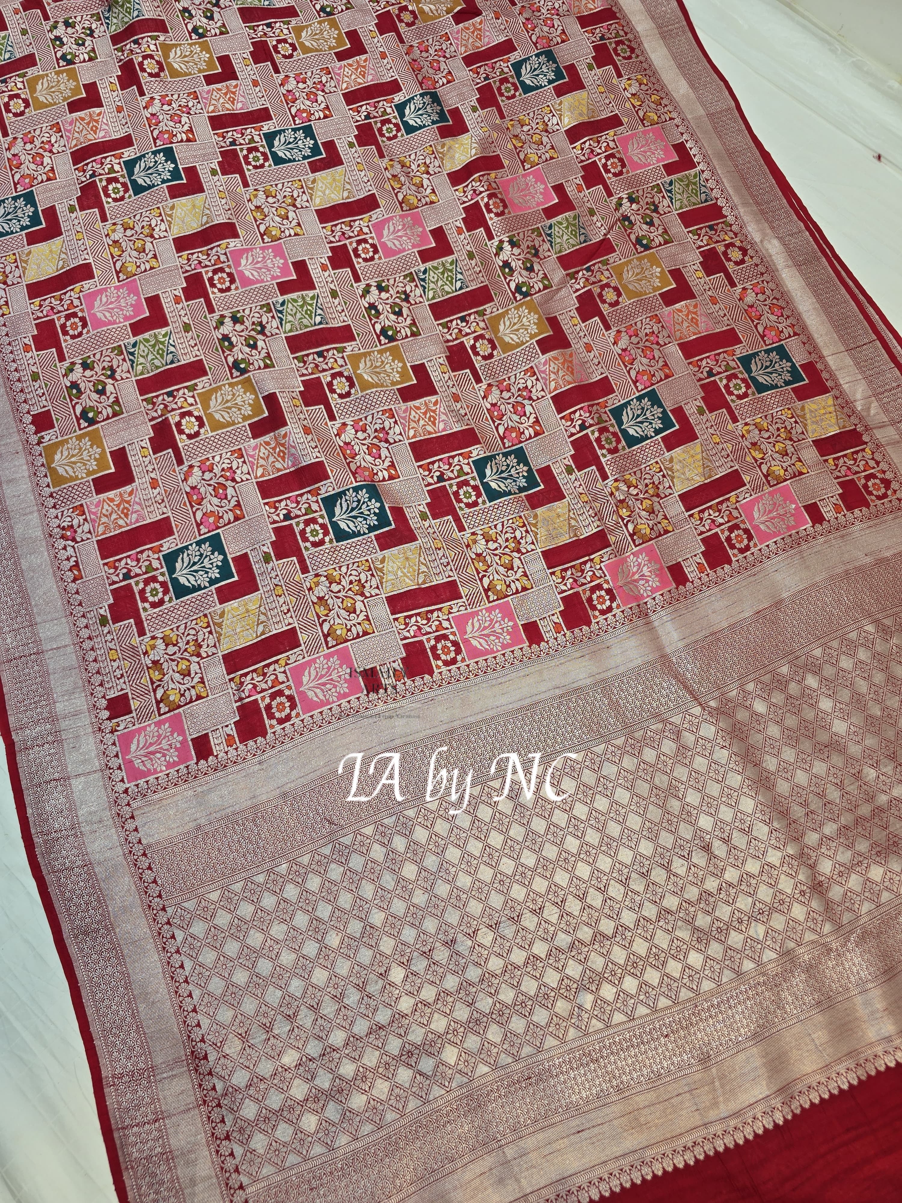 Carmine Banarasi Pure Khaddi Tussar Georgette Meenakari Saree