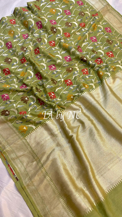 Olive Banarasi Pure Munga Silk Saree