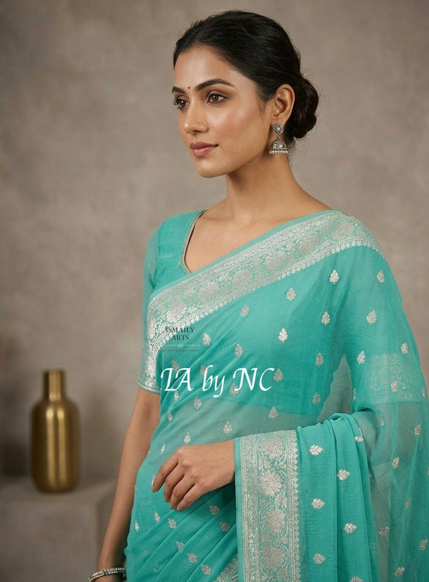 Turquoise Banarasi Pure Khaddi Georgette Kadwa Saree