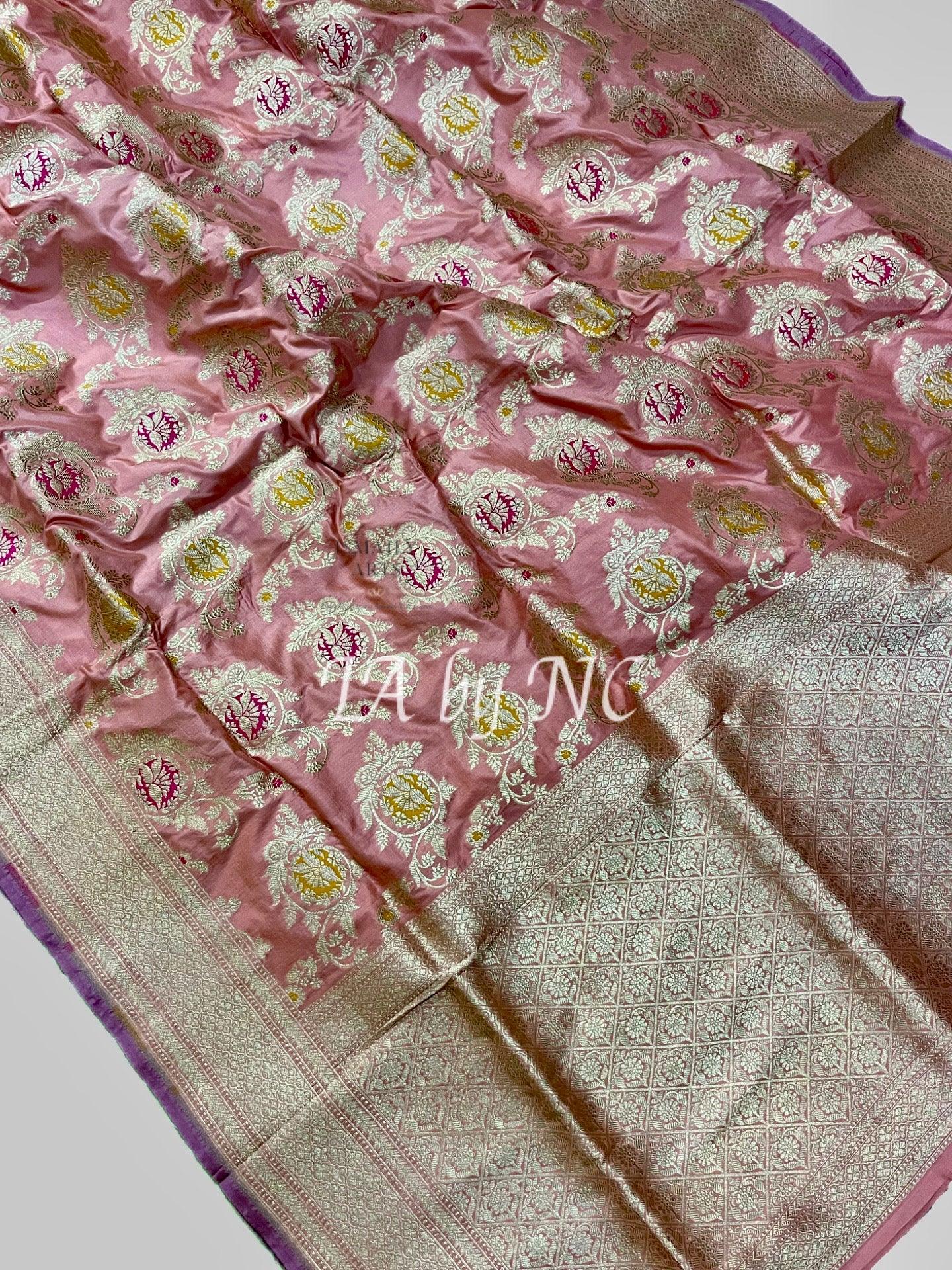 Peach Banarasi Pure Katan Silk Meenakari Pattu Saree