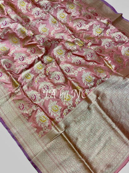 Peach Banarasi Pure Katan Silk Meenakari Pattu Saree