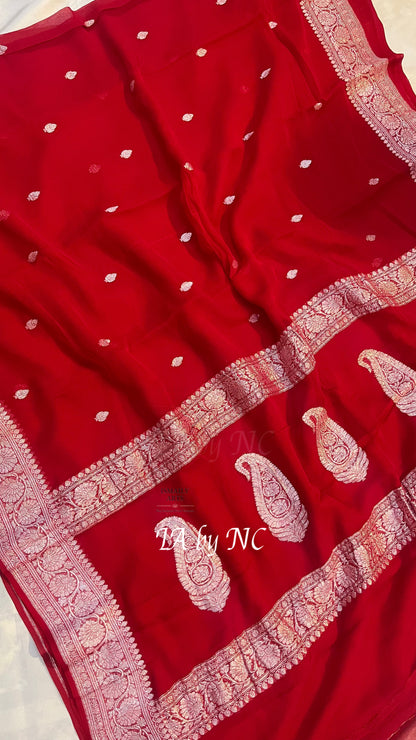 Crimson Banarasi Pure Khaddi Georgette Kadwa Saree
