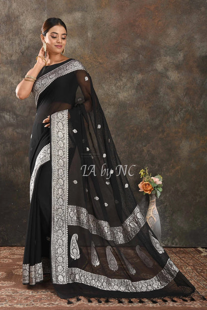 Black Banarasi Pure Khaddi Georgette Kadwa Saree