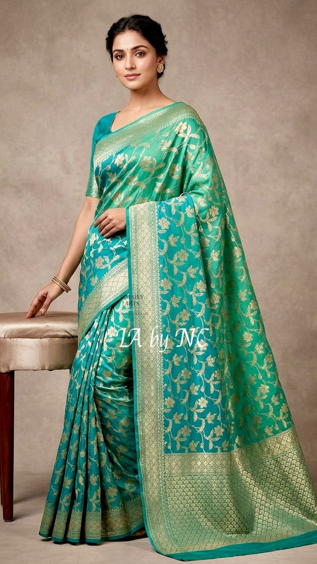 Turquoise Banarasi Pure Khaddi Georgette Saree