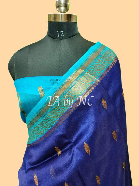 Navy Banarasi Pure Kora Organza Kadwa Saree