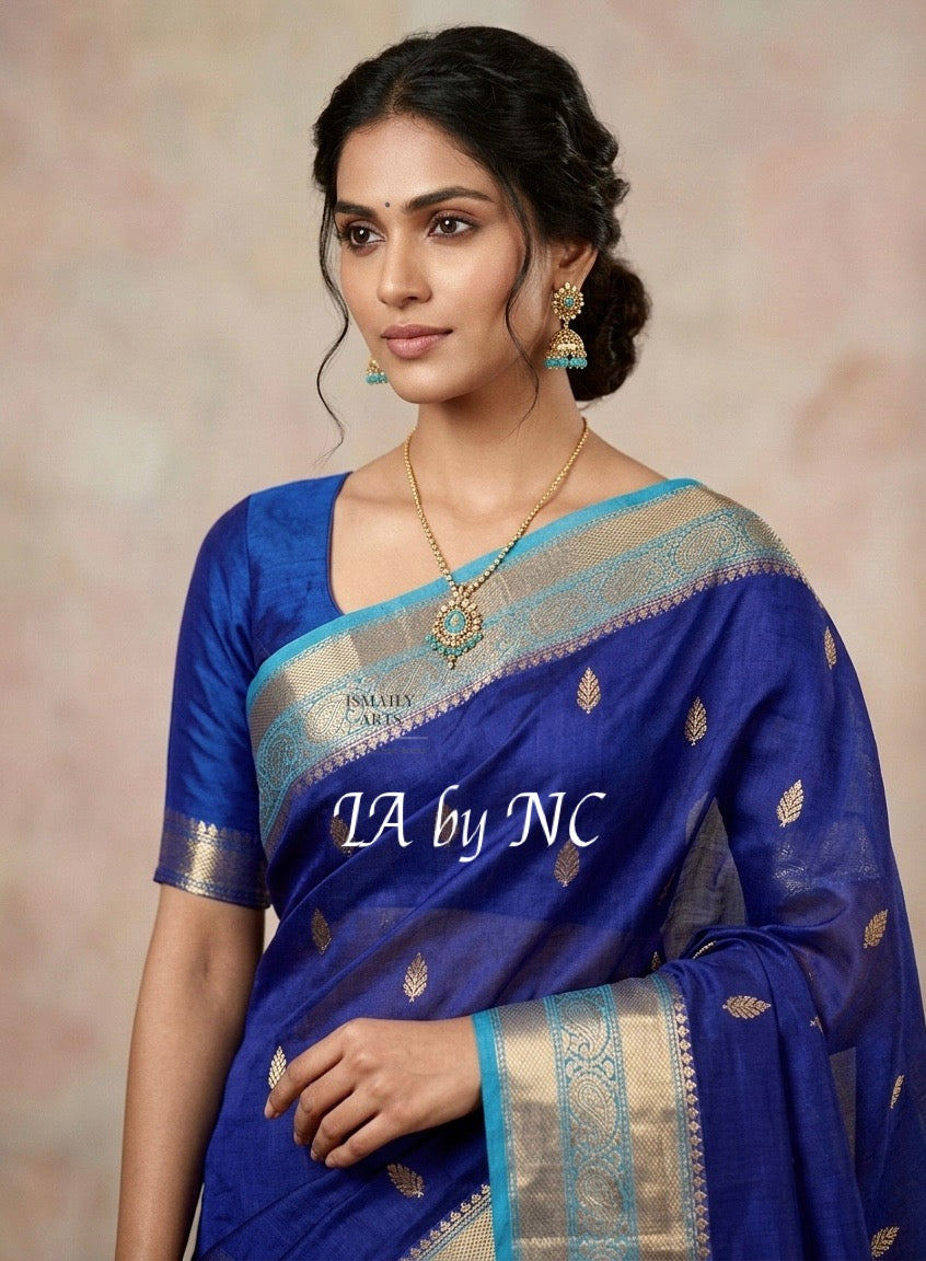 Navy Banarasi Pure Kora Organza Kadwa Saree