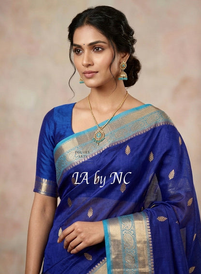 Navy Banarasi Pure Kora Organza Kadwa Saree