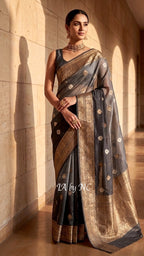 Grey Banarasi Pure Kora Silk Kadwa Saree