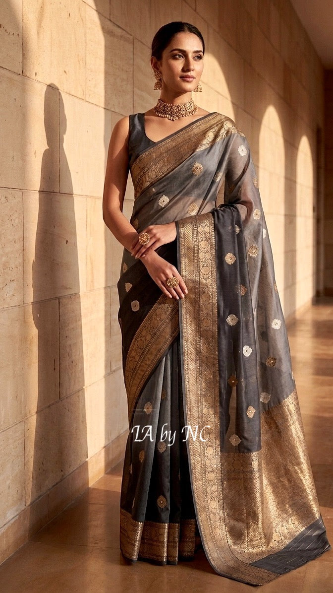 Grey Banarasi Pure Kora Silk Kadwa Saree